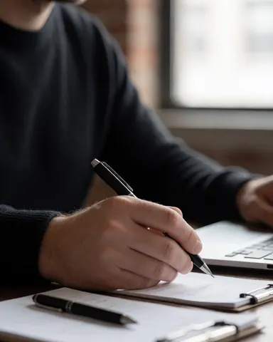Un homme professionnel écrit à la plume dans un cahier sur un bureau en bois avec une ordinateur portable, dans un bureau lumineux.