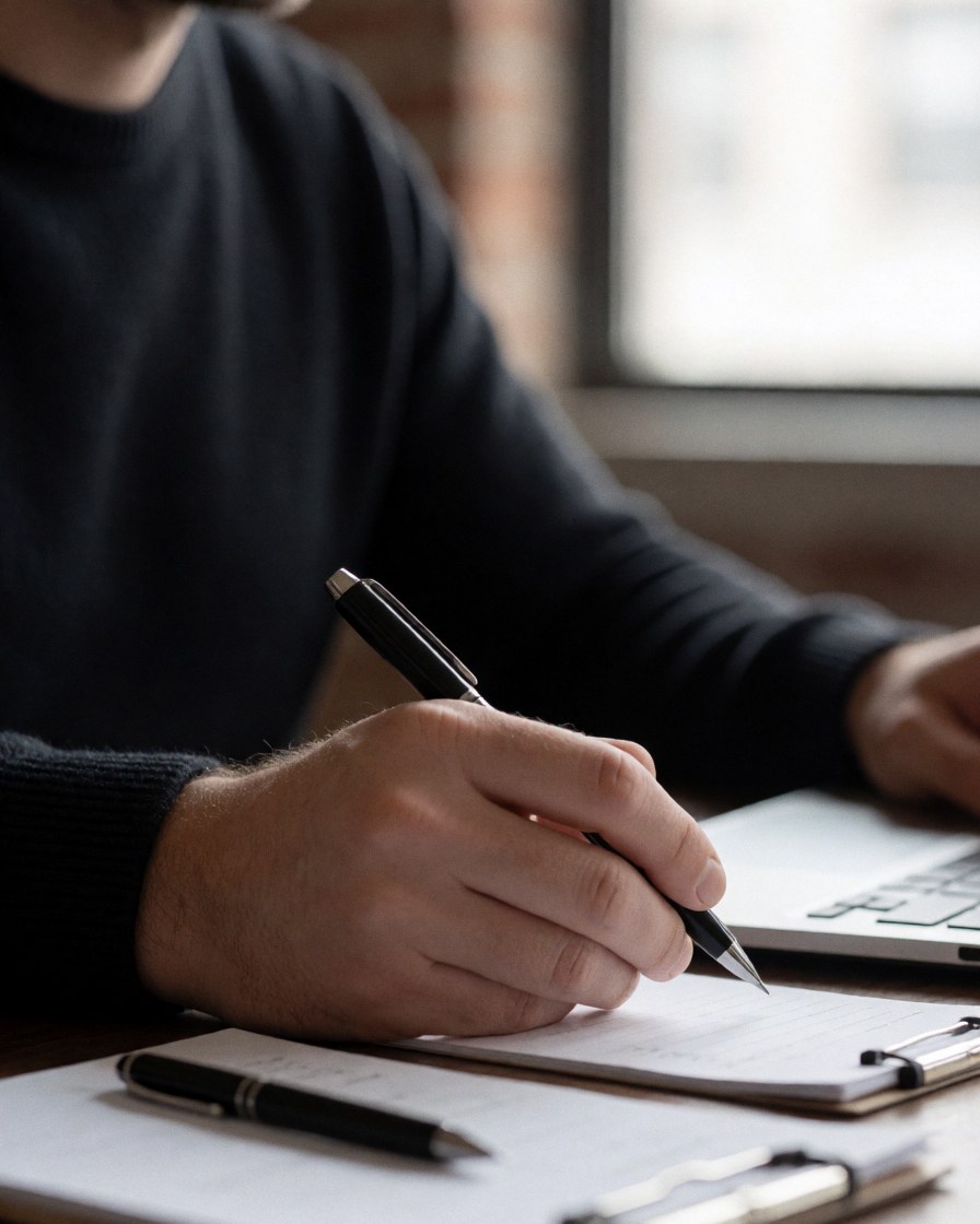 Un homme professionnel écrit à la plume dans un cahier sur un bureau en bois avec une ordinateur portable, dans un bureau lumineux.