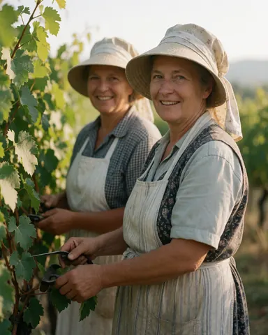 Deux travailleuses souriantes dans un vignoble, coupant des grappes de raisin avec des cisailles, portant des chapeaux et des tabliers, sous une lumière chaude de fin de journée.