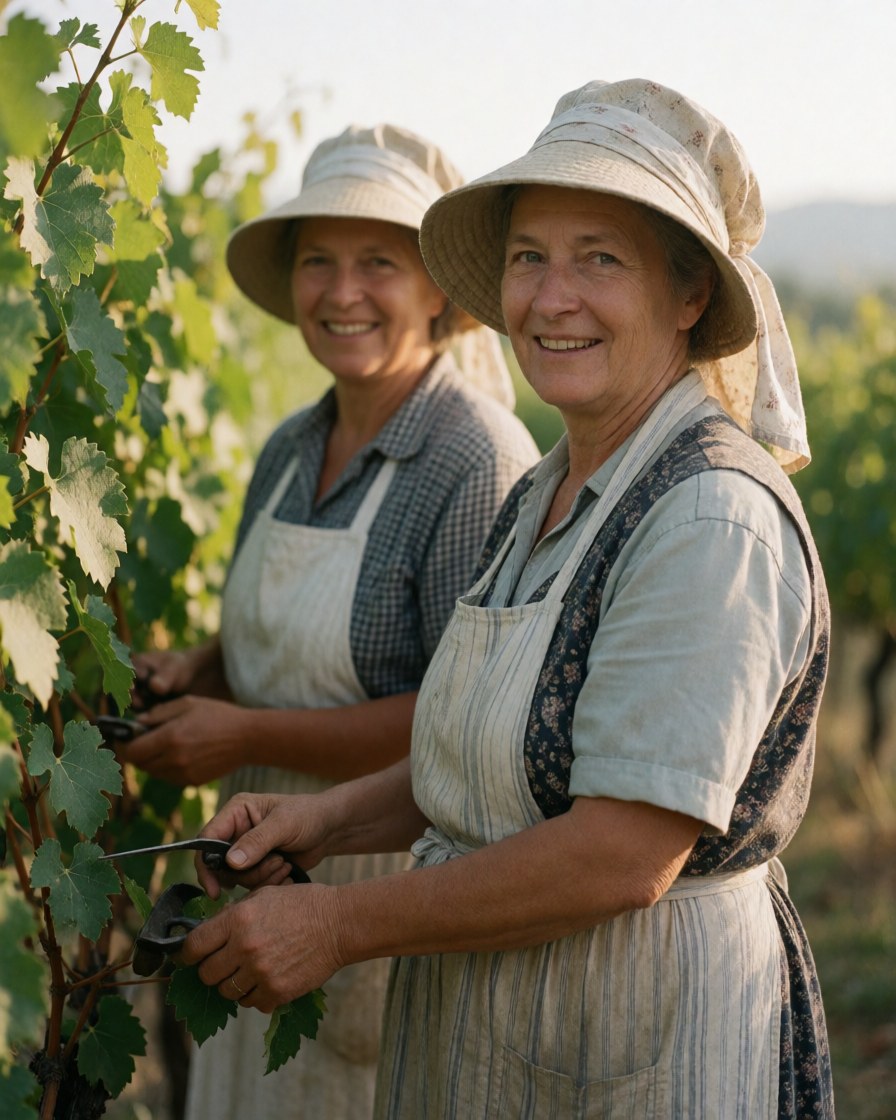 Deux travailleuses souriantes dans un vignoble, coupant des grappes de raisin avec des cisailles, portant des chapeaux et des tabliers, sous une lumière chaude de fin de journée.