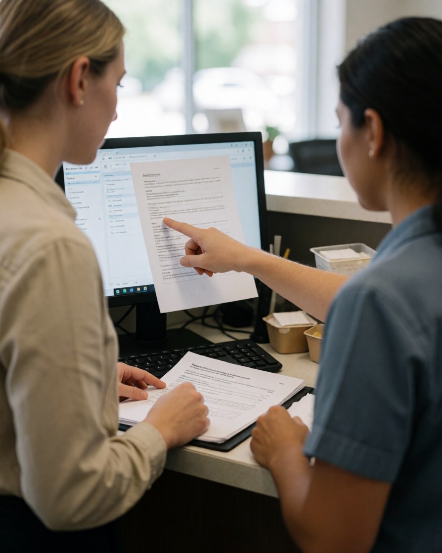 Deux professionnelles analysent ensemble des papiers et consultent un ordinateur sur un bureau baigné de lumière naturelle dans un environnement de travail moderne.