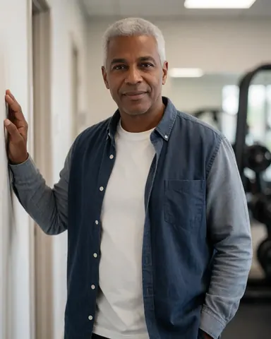 Un homme d'âge mûr en chemise bleue et blanche s'appuie contre un mur, regardant l'objectif avec un sourire. L'arrière-plan flou révèle du matériel de fitness.