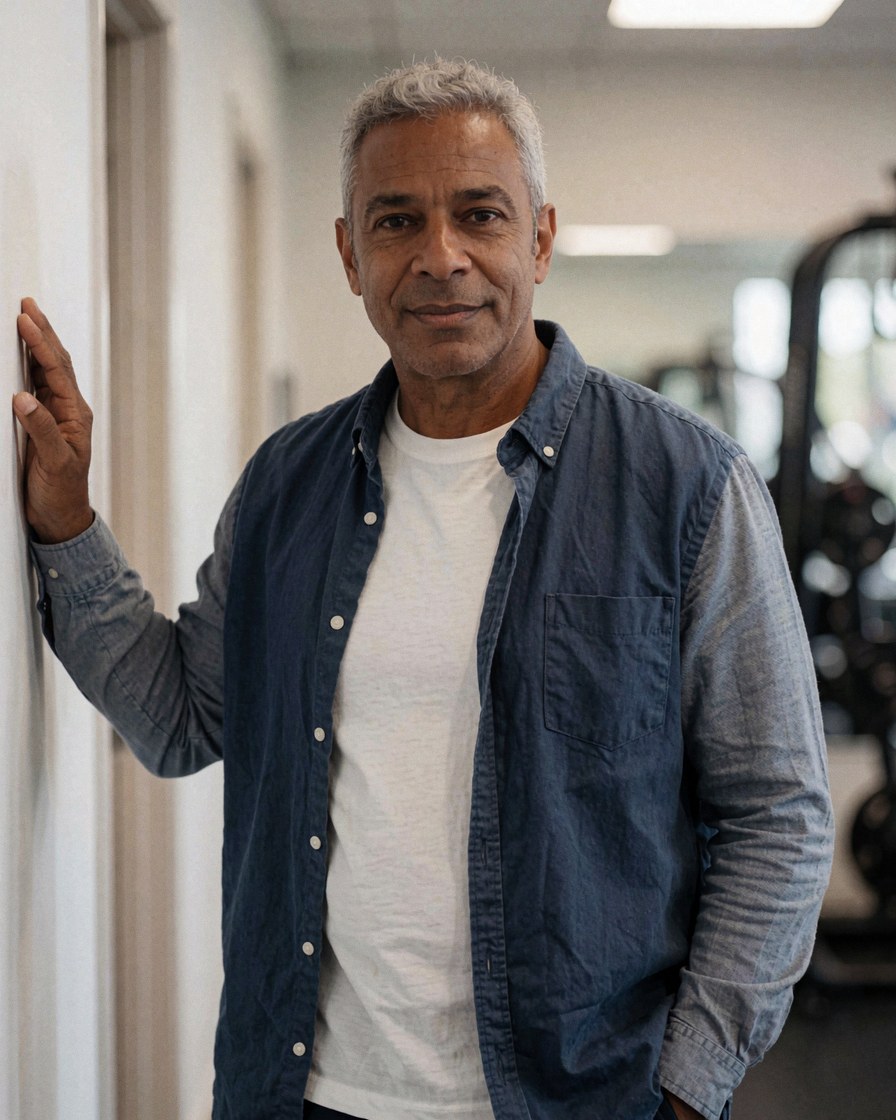 Un homme d'âge mûr en chemise bleue et blanche s'appuie contre un mur, regardant l'objectif avec un sourire. L'arrière-plan flou révèle du matériel de fitness.