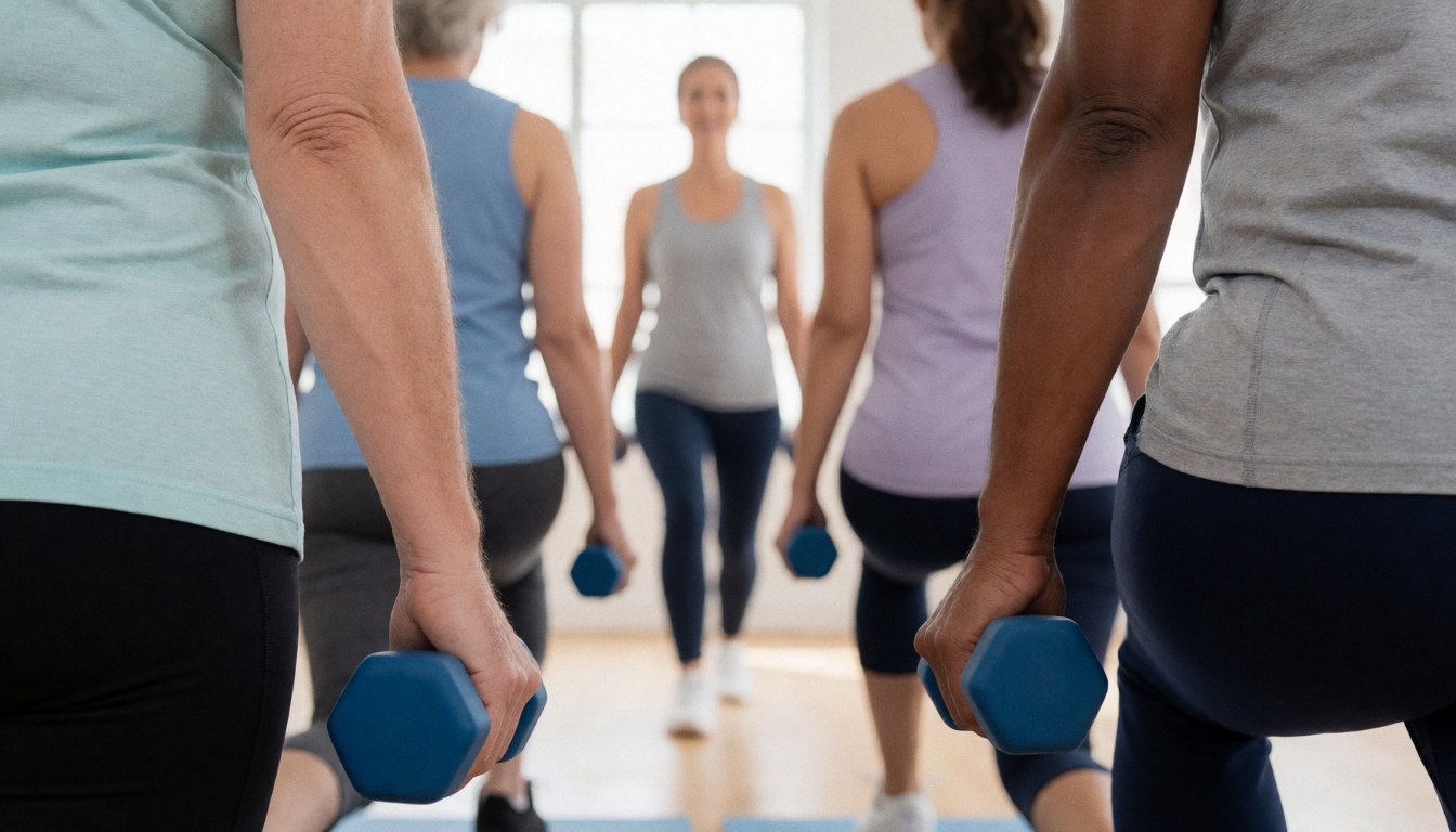 Groupe d'adultes effectuant des fentes avec des haltères bleus lors d'un cours de fitness, sous la supervision d'une instructrice dans un environnement lumineux et professionnel.