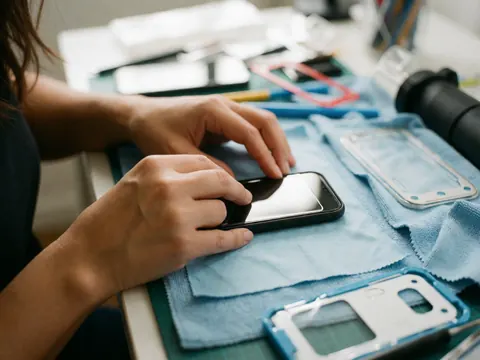 Mains posant un protecteur d'écran sur un smartphone posé sur un tissu en microfibre, entouré d'outils de réparation pour un travail technique précis.