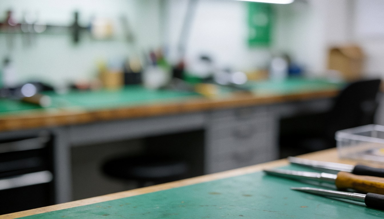 Vue floue d'un atelier de réparation avec tables vertes, outils et équipements électroniques pour fonds textuels commerciaux.