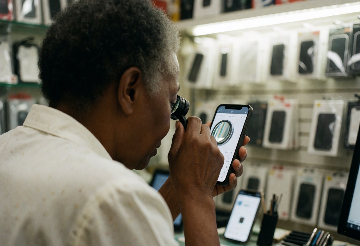 Une femme professionnelle examine attentivement l'écran d'un smartphone à l'aide d'une loupe dans un magasin de technologie.