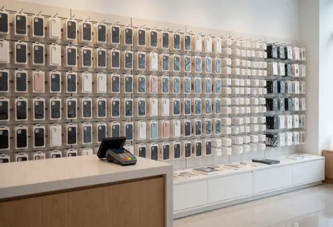 Présentation d'accessoires pour smartphones sur un comptoir en bois blanc propre et organisé.