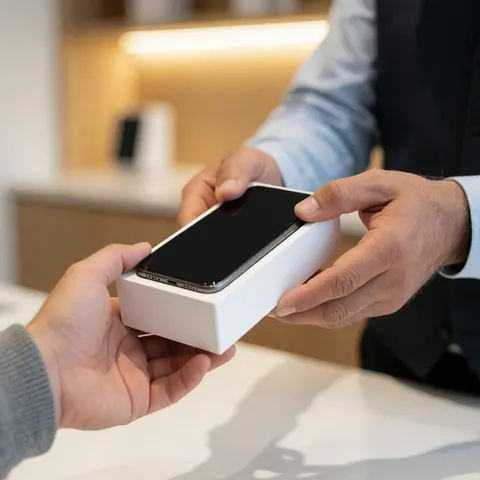 Vendeur tendant un smartphone neuf sous blister à un client dans une boutique de technologie.