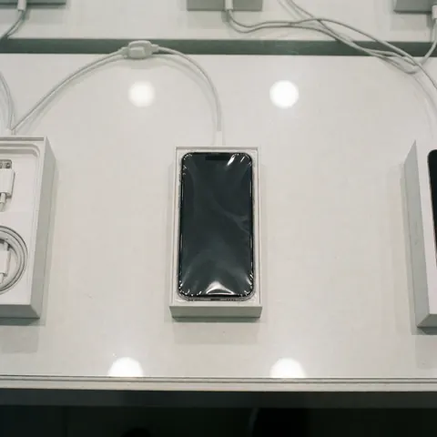 Un téléphone portable neuf dans sa boîte posé sur un comptoir de magasin, accompagné de son câble de charge et éclairé par la lumière du magasin, idéal pour la vente de technologie.