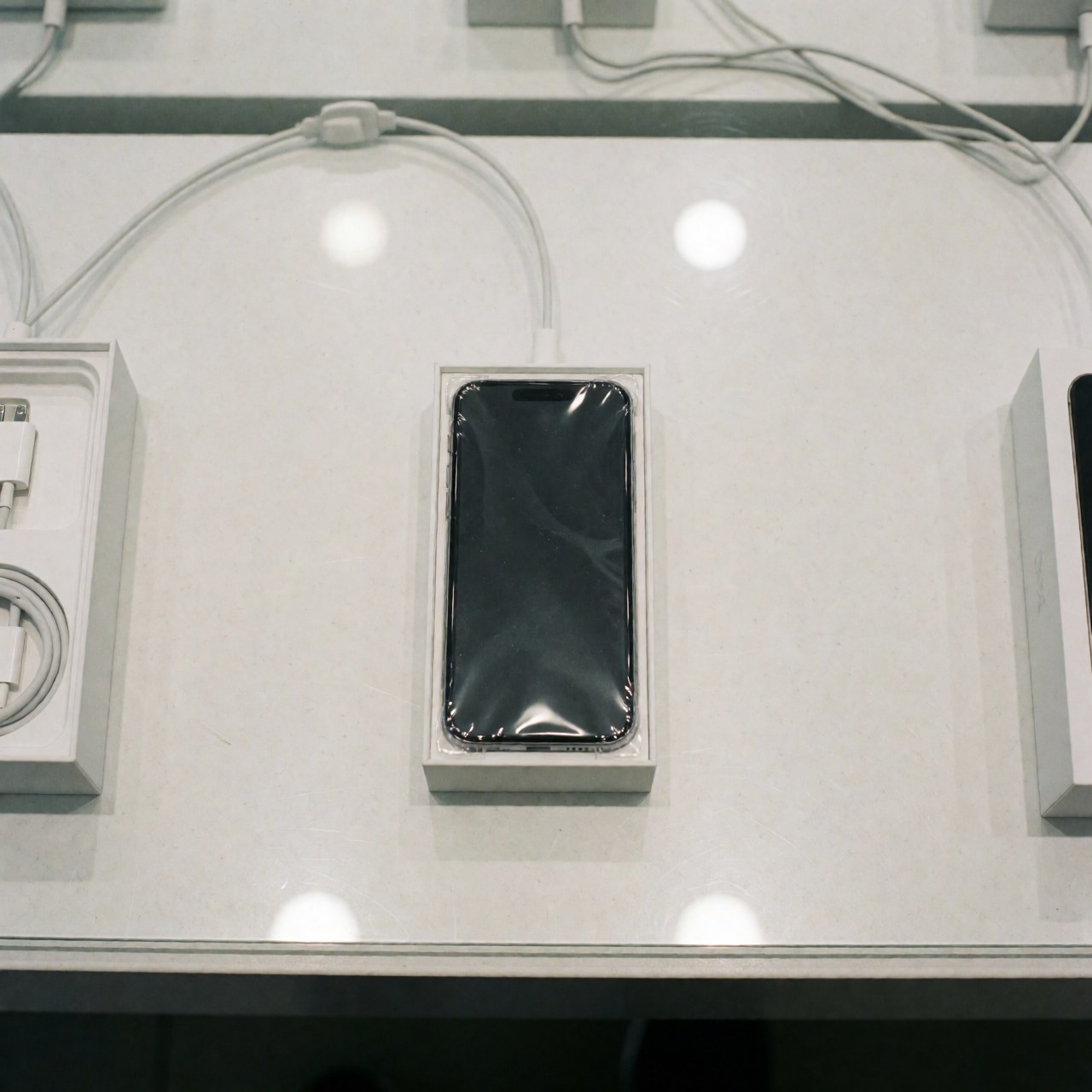 Un téléphone portable neuf dans sa boîte posé sur un comptoir de magasin, accompagné de son câble de charge et éclairé par la lumière du magasin, idéal pour la vente de technologie.