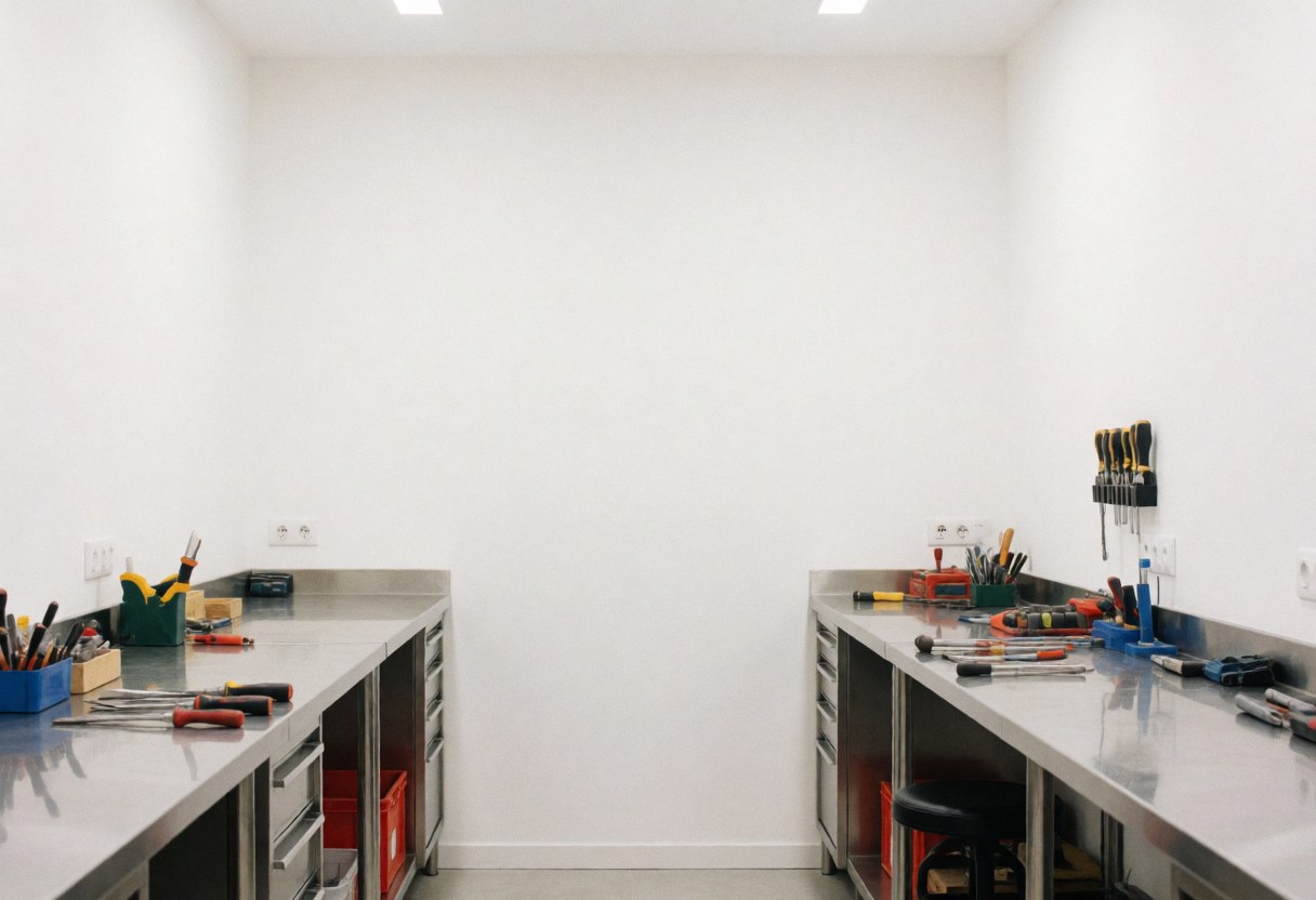 Espace de travail propre avec plans de travail en acier inoxydable, outils rangés et murs blancs, éclairage lumineux et ambiance professionnelle.