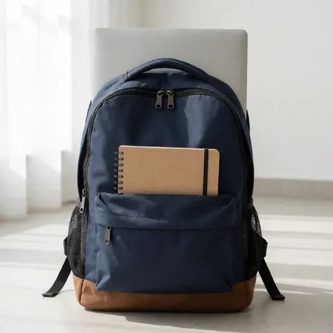 Sac à dos bleu ouvert contenant un ordinateur portable, un cahier spirale et un carnet kraft, disposés pour le travail d'étudiant.