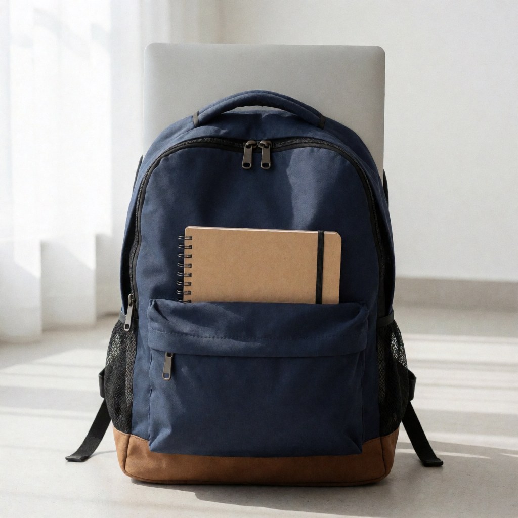 Sac à dos bleu ouvert contenant un ordinateur portable, un cahier spirale et un carnet kraft, disposés pour le travail d'étudiant.
