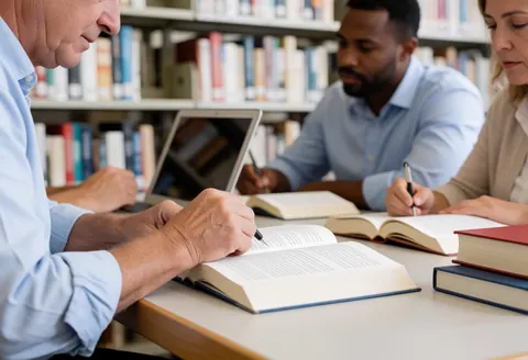 Des étudiants universitaires étudient dans une bibliothèque avec des livres et des ordinateurs portables.