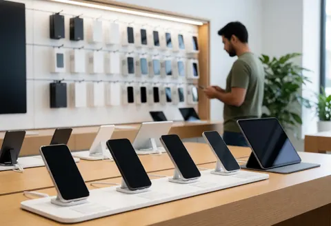 Intérieur d'une boutique de téléphonie moderne avec des appareils exposés sur une table en bois clair, un client observe un smartphone, accessoires et plantes décoratives.