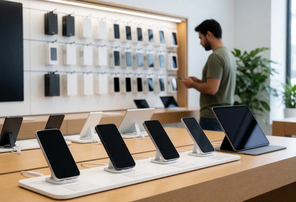 Intérieur d'une boutique de téléphonie moderne avec des appareils exposés sur une table en bois clair, un client observe un smartphone, accessoires et plantes décoratives.
