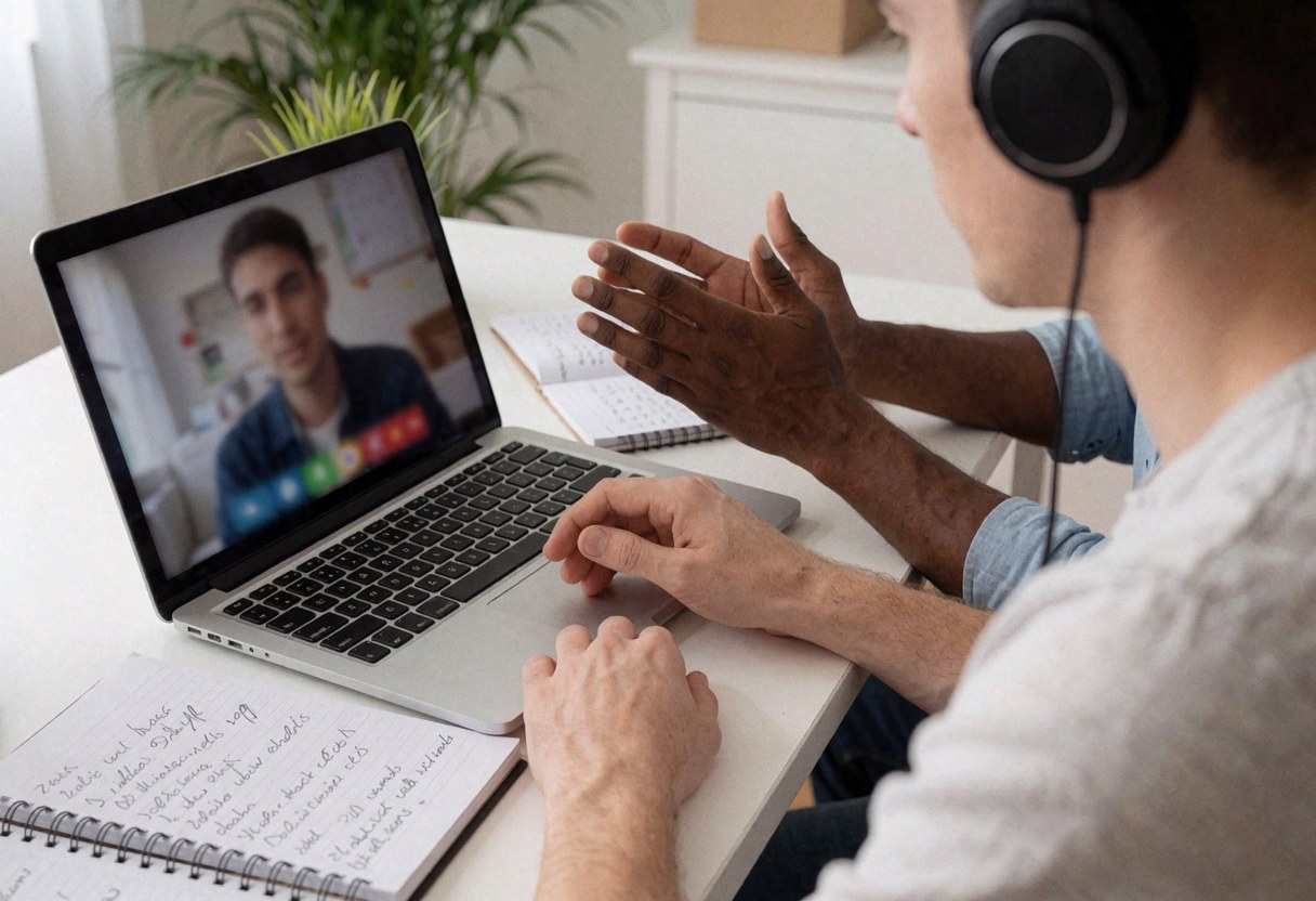 Un étudiant portant un casque suit une classe en ligne sur son ordinateur portable, avec un cahier de notes et une plante sur le bureau.
