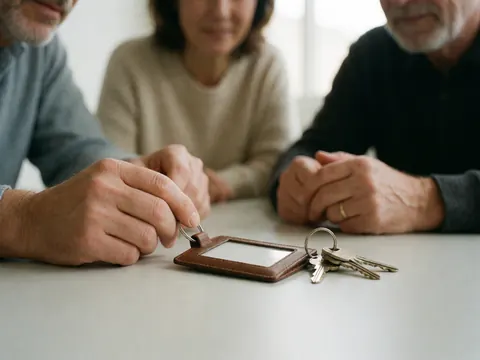 Un badge d'identification professionnel et un trousseau de clés reposent sur une surface plane, symbolisant l'accès sécurisé à un lieu de travail ou à une propriété.