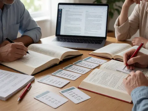 Trois adultes étudient des langues à une table en bois avec des livres ouverts, des cartes de verbes et un ordinateur portable. La lumière naturelle crée une ambiance d'apprentissage sérieuse.