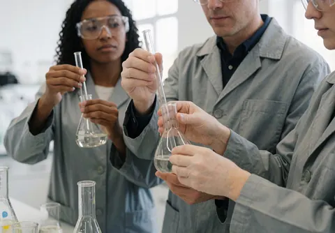 Trois étudiants en laboratoire universitaire portent des gants et des lunettes de protection tandis qu'ils manipulent des flacons en verre contenant du liquide.