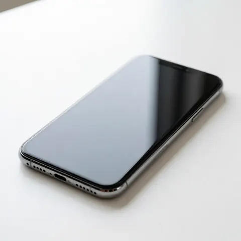 Vue de face d'un smartphone élégant posé à plat sur une surface blanche unie, mettant en valeur son design minimaliste et son écran éteint.