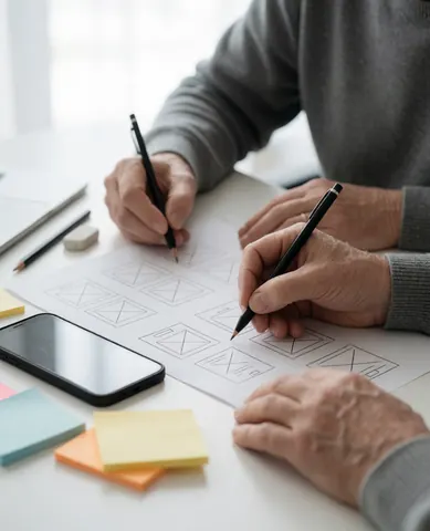 Une main adulte dessine des maquettes d'interface sur une feuille blanche, accompagnée d'un smartphone, de post-it et de crayons sur un bureau professionnel éclairé.