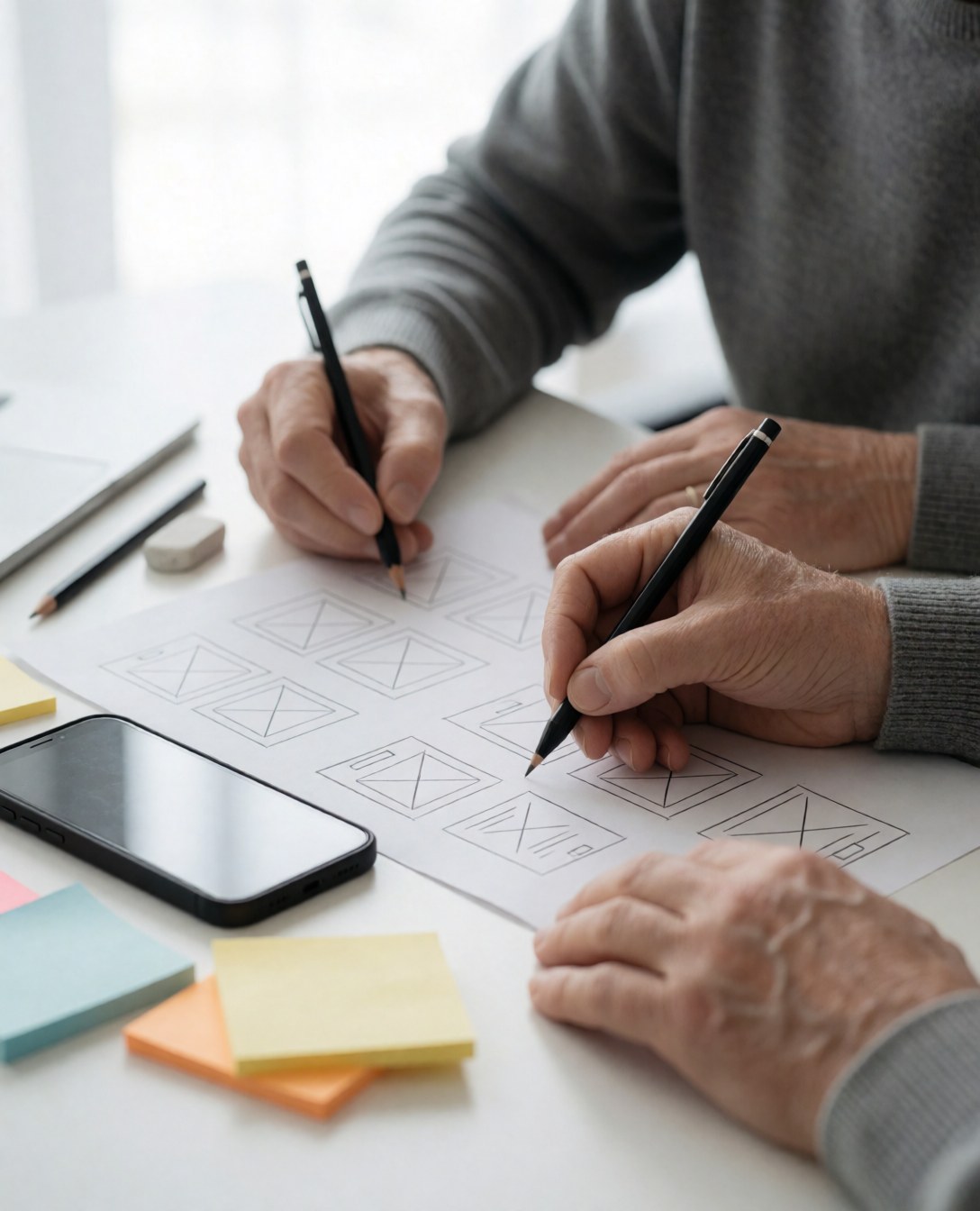 Une main adulte dessine des maquettes d'interface sur une feuille blanche, accompagnée d'un smartphone, de post-it et de crayons sur un bureau professionnel éclairé.