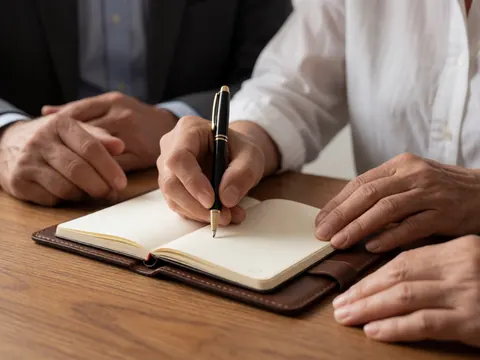 Des mains adultes écrivent avec un stylo sur un carnet en cuir posé sur un bureau en bois, baignées d'une lumière chaude créant une ambiance professionnelle.