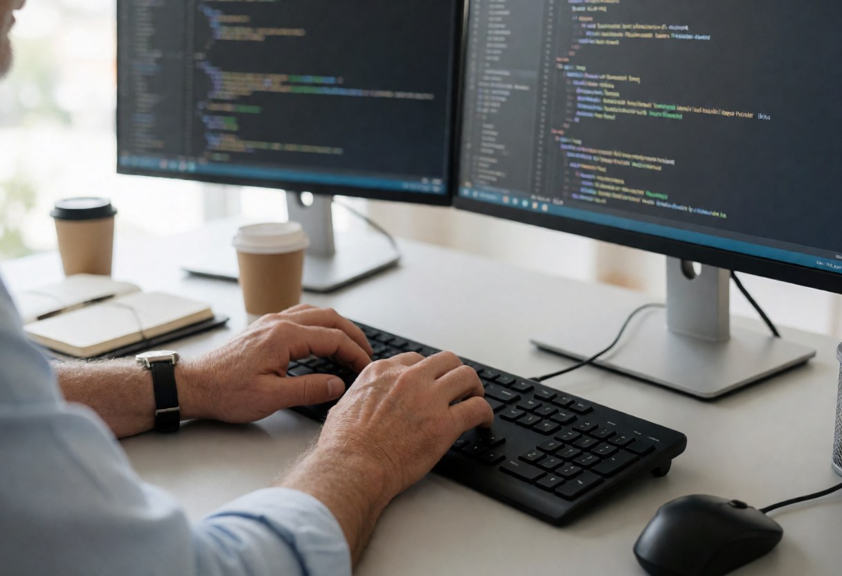 Un développeur de logiciel tape du code sur un clavier devant deux moniteurs dans un bureau moderne lumineux avec café et carnet.