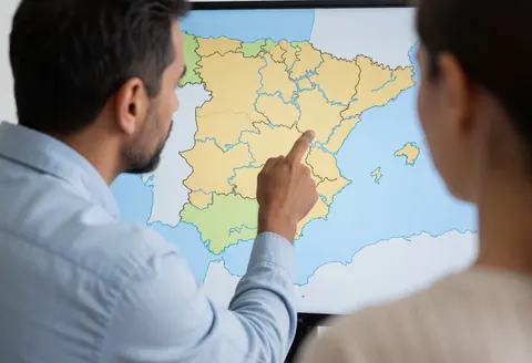 Un enseignant explique la géographie à des étudiants lors d'une présentation interactive avec un écran affichant une carte.