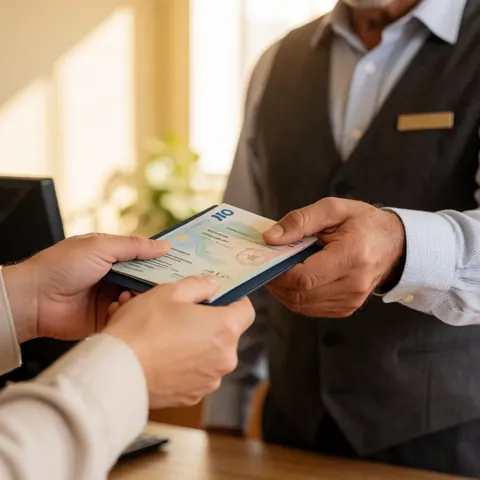 Un employé d'agence de voyages remet un document de voyage à un client assis à une table dans un bureau professionnel.