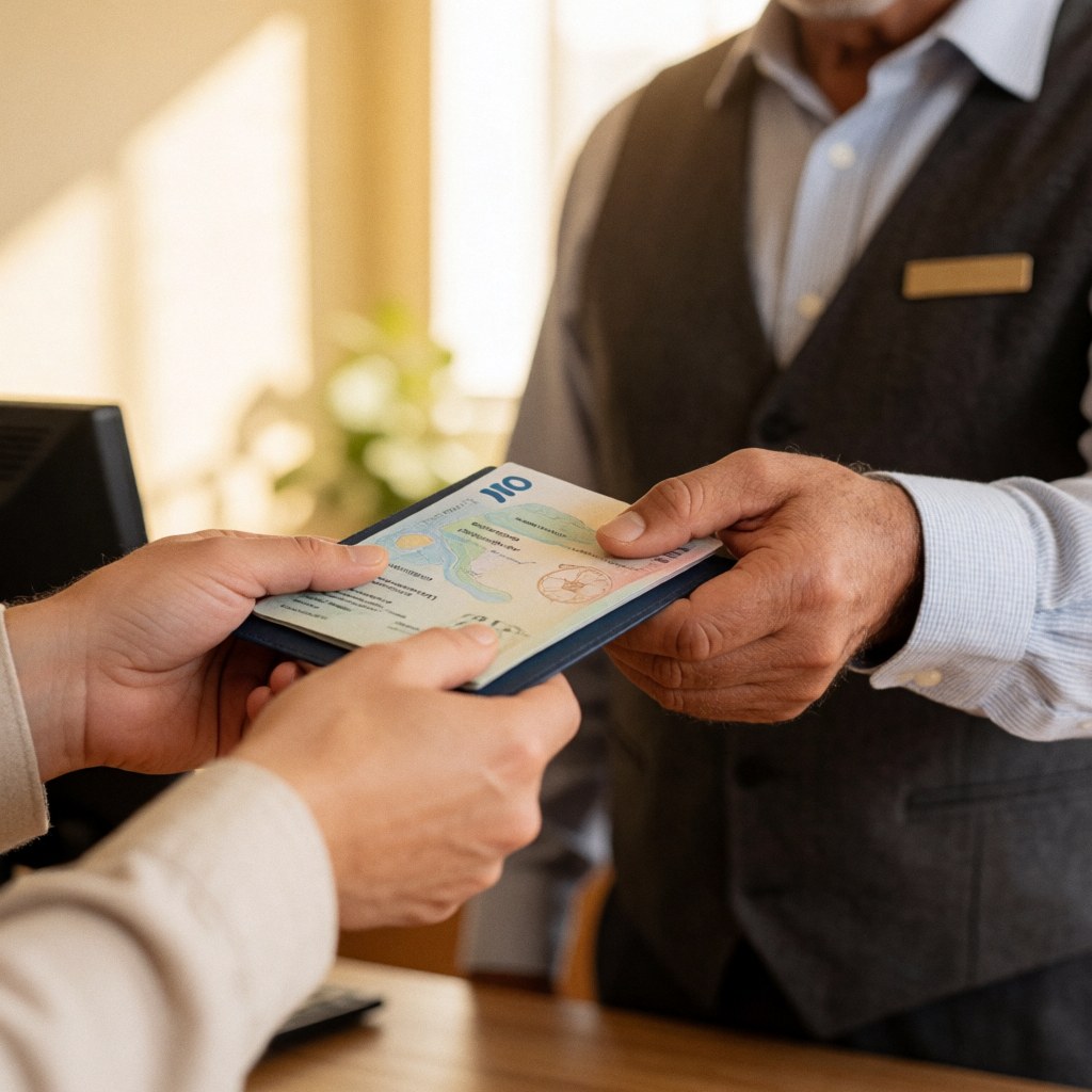 Un employé d'agence de voyages remet un document de voyage à un client assis à une table dans un bureau professionnel.