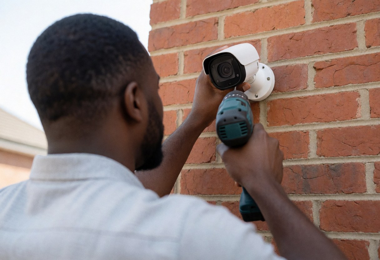 Un professionnel installe une caméra de surveillance sur un mur de briques rouges avec une perceuse, illustrant le service technique de sécurité en extérieur.