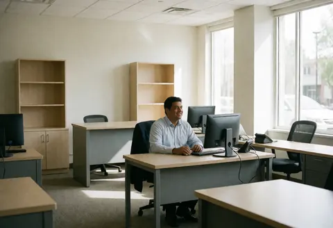 Un employé souriant travaille sur son ordinateur dans un bureau de assurances vide, lumineux et moderne avec des bureaux, chaises et étagères.