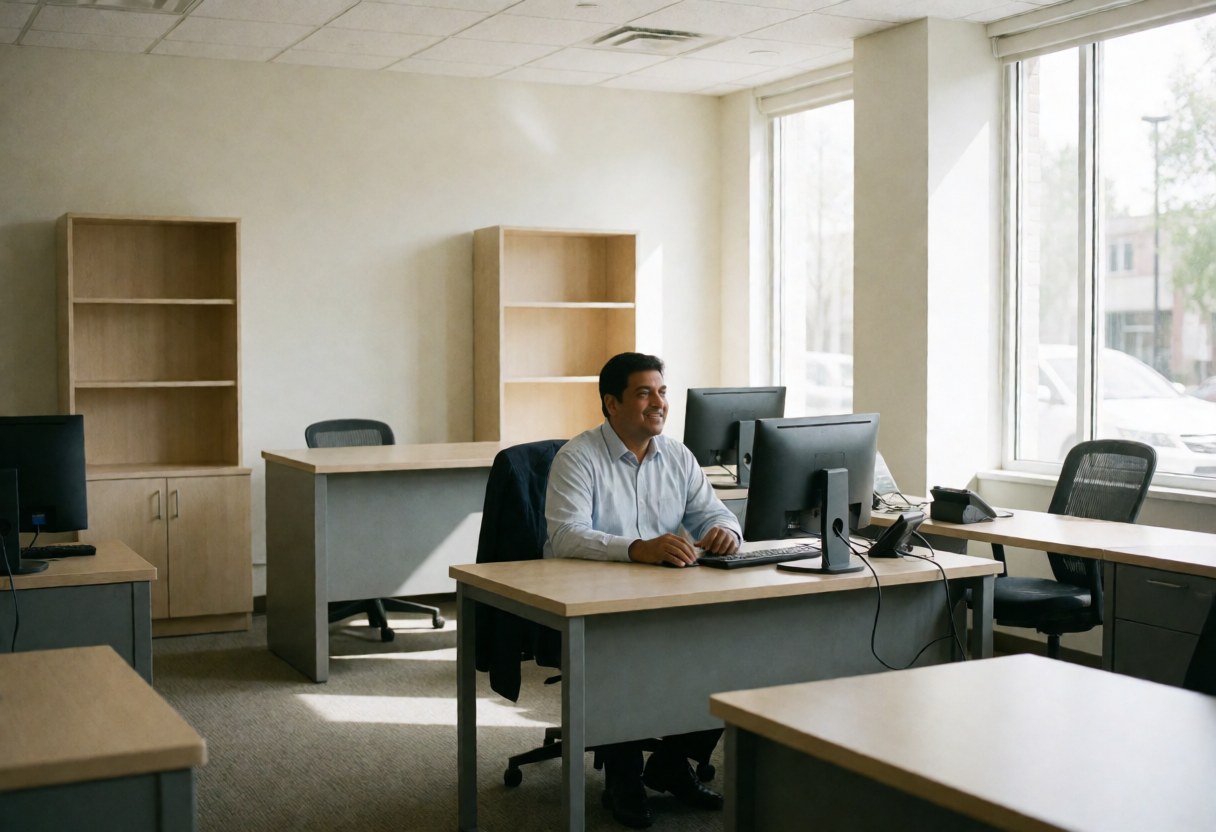 Un employé souriant travaille sur son ordinateur dans un bureau de assurances vide, lumineux et moderne avec des bureaux, chaises et étagères.