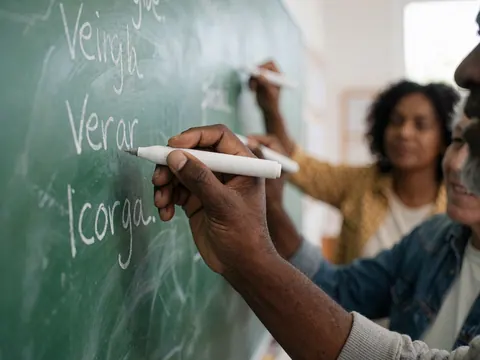Gros plan d'une main tenant un feutre et écrivant des lettres manuscrites sur un tableau vert dans une salle de classe.