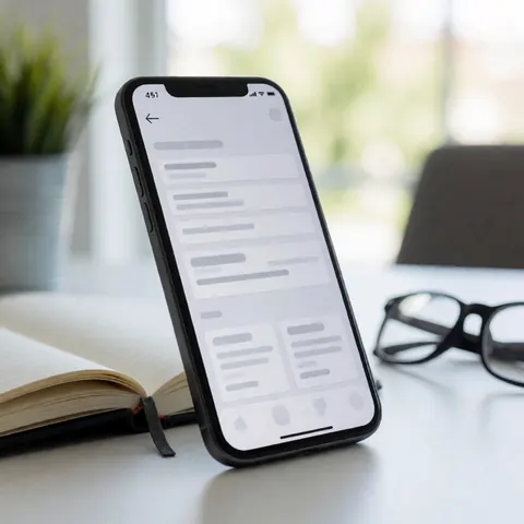 Un smartphone posé sur un bureau blanc avec des lunettes, un carnet et une plante verte en arrière-plan flou.