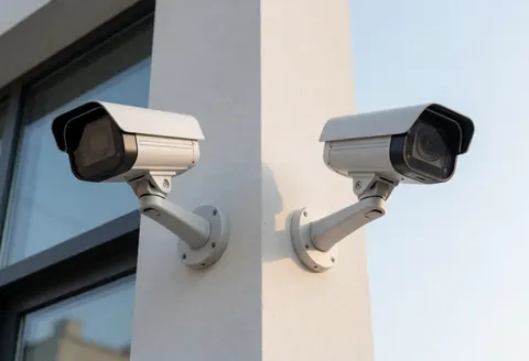 Plusieurs caméras de surveillance montées sur la façade d'un immeuble pour assurer la sécurité des lieux.