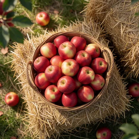 Un panier en osier contenant des pommes rouges brillantes posé sur du foin sec dans un verger ensoleillé, illustrant la récolte automnale.