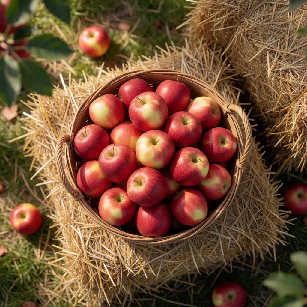 Un panier en osier contenant des pommes rouges brillantes posé sur du foin sec dans un verger ensoleillé, illustrant la récolte automnale.