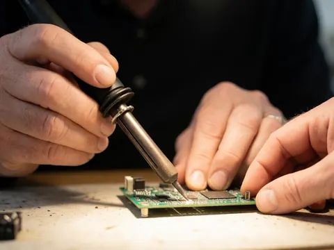 Mains effectuant une soudure précise sur un circuit imprimé avec des outils de réparation pour composants électroniques.