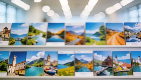 Étagère remplie de brochures touristiques aux couleurs vives avec un effet flou en arrière-plan, idéal pour les sites web d'agences de voyages.