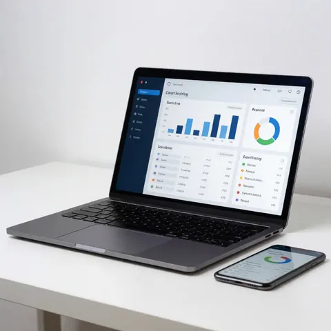 Un ordinateur portable et un smartphone posés côte à côte sur une surface de bureau blanche, évoquant la technologie et le travail moderne.