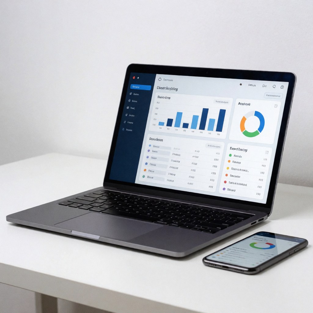 Un ordinateur portable et un smartphone posés côte à côte sur une surface de bureau blanche, évoquant la technologie et le travail moderne.