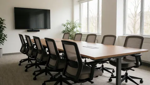Vue d'une salle de réunion spacieuse et lumineuse avec table en bois, chaises noires, plantes vertes et murs blancs.
