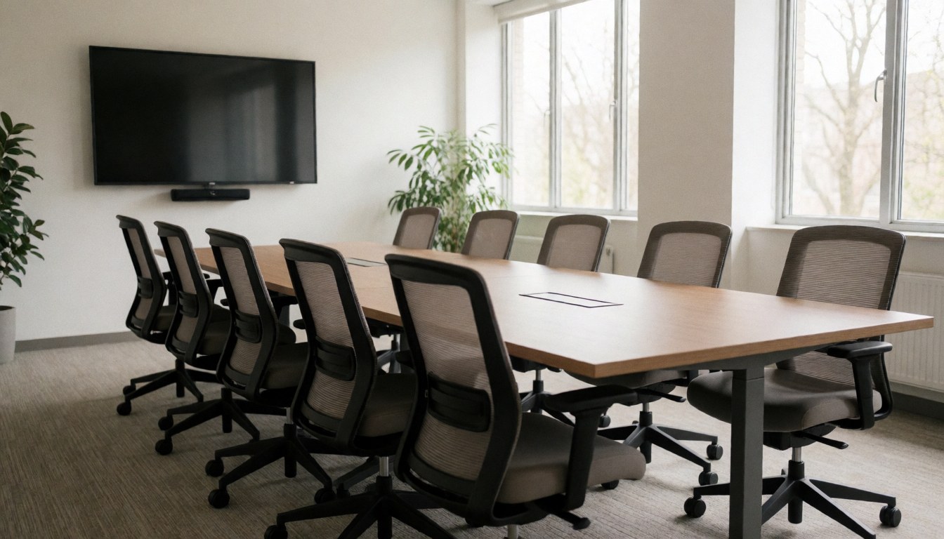 Vue d'une salle de réunion spacieuse et lumineuse avec table en bois, chaises noires, plantes vertes et murs blancs.