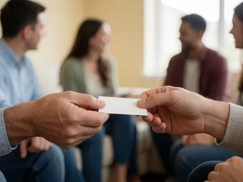 Mains échangeant une carte blanche lors d'un événement universitaire, avec des étudiants flous en arrière-plan, éclairage naturel et ambiance professionnelle.