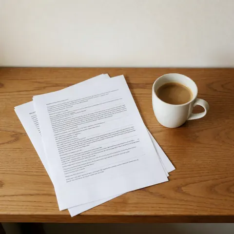 Programme de cours imprimé et tasse de café blanc posés sur une table en bois devant un mur blanc chaud avec une lumière naturelle.