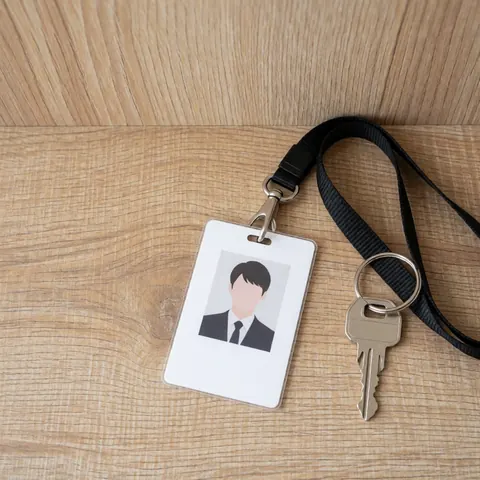 Une carte d'identité universitaire avec son cordon noir posée sur une surface en bois clair, vue de dessus.